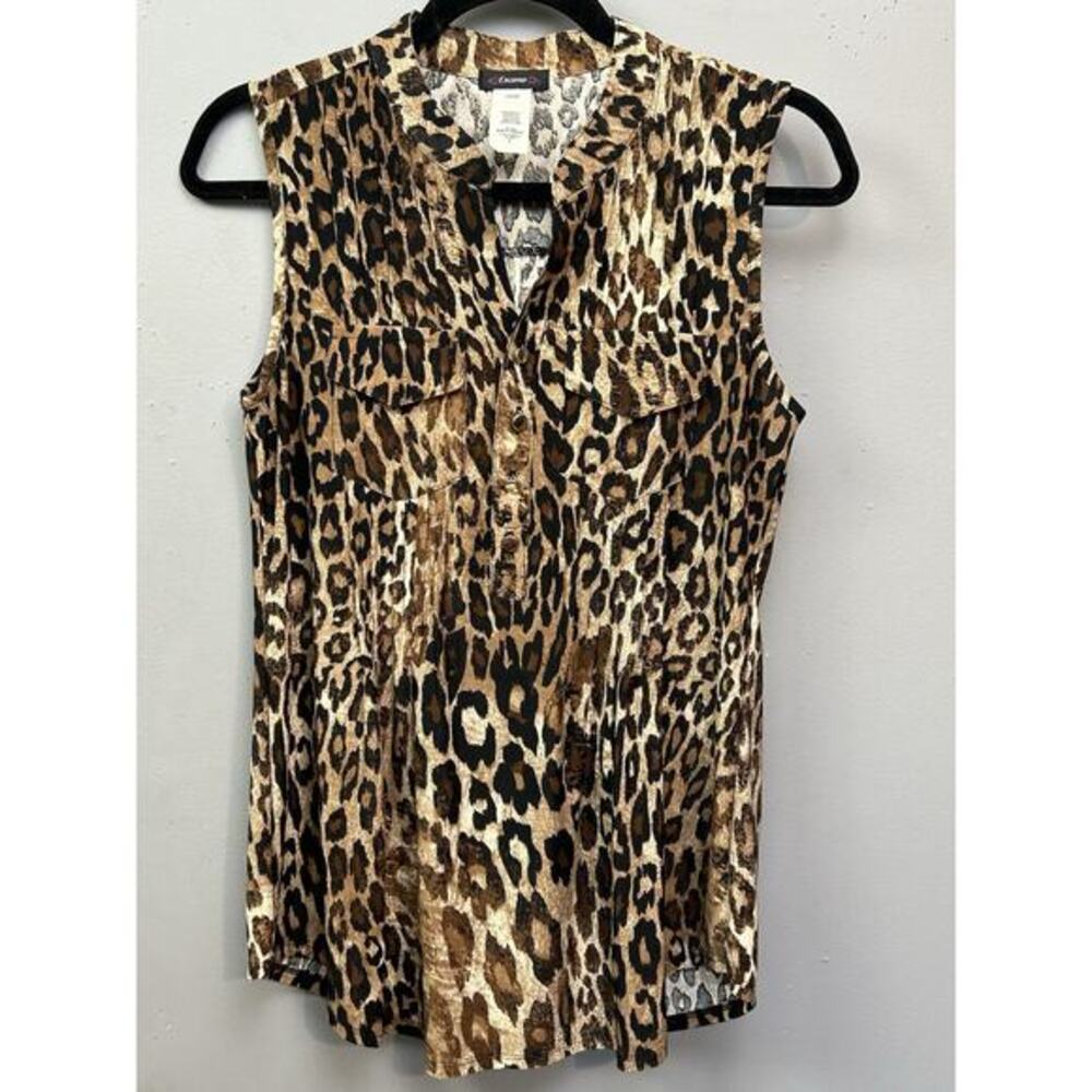 Cocomo Sleeveless Pintuck Top Womens Small Animal Print Brown Button Leopard